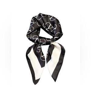 Chic V Monogram Print Black & Ivory Scarf | 27.5” Satin Feel Scarf